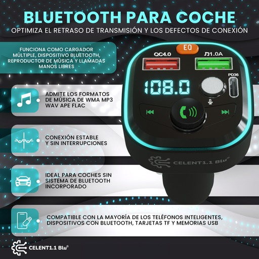 CELENTBLU1.1 Transmisor FM Bluetooth 5.3, Llamadas Manos Libres Inalámbrico Reproductor MP3