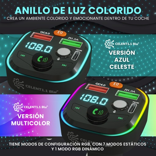 CELENTBLU1.1 Transmisor FM Bluetooth 5.3, Llamadas Manos Libres Inalámbrico Reproductor MP3